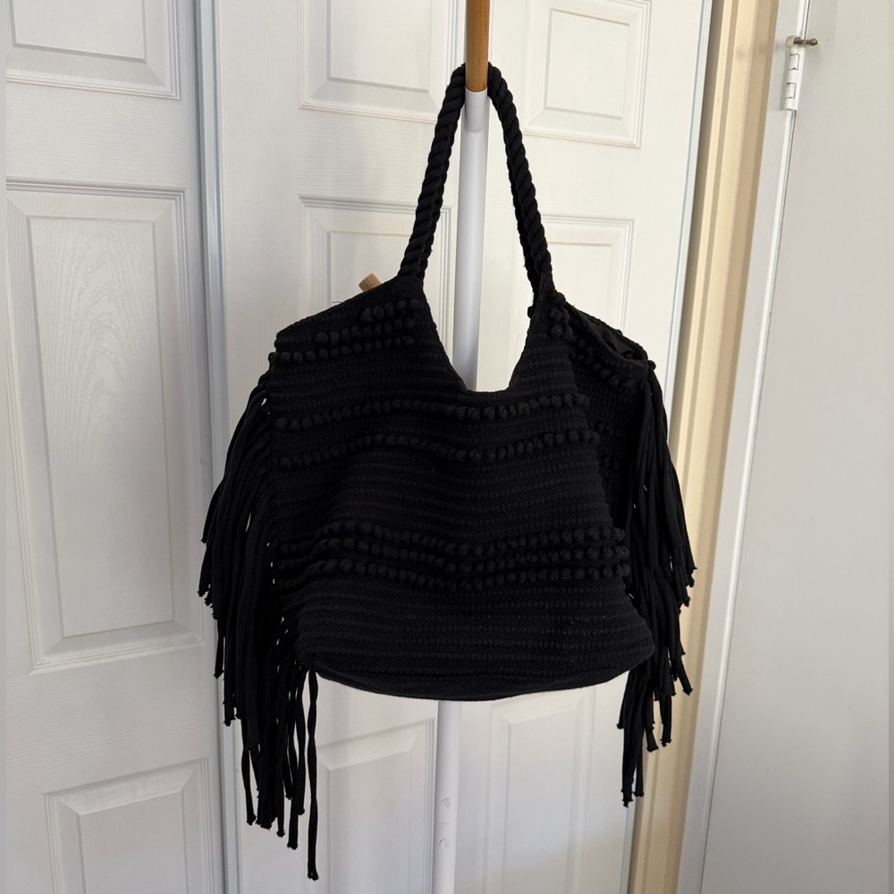 H&M Textured Woven Fringe Shopper Tote Bag – Black
